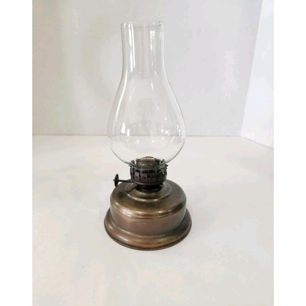 Mini Oil Lamp Vintage Metal Base Copper Color Clear Glass Shade 9" High India